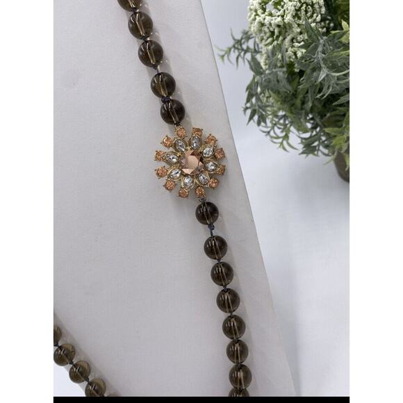 Hand Knotted Long Smoky Quartz Glass Beaded Rhinestone Flower Accent Necklace - Picture 2 of 11